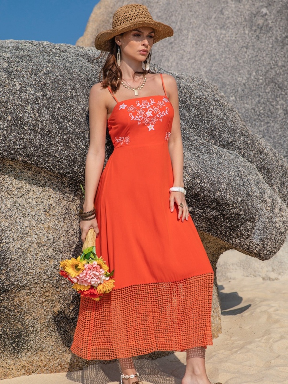 🧡 Hello Gorgeous! Embroidered Square Neck Midi Cami Dress - Picture 6 of 12